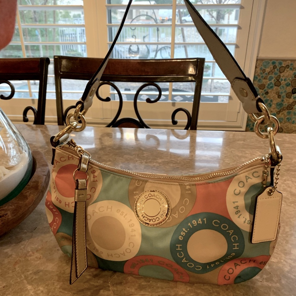 Coach Coral Aqua Multi Color Logo Sateen Patent Leather Satchel B1259-F19187